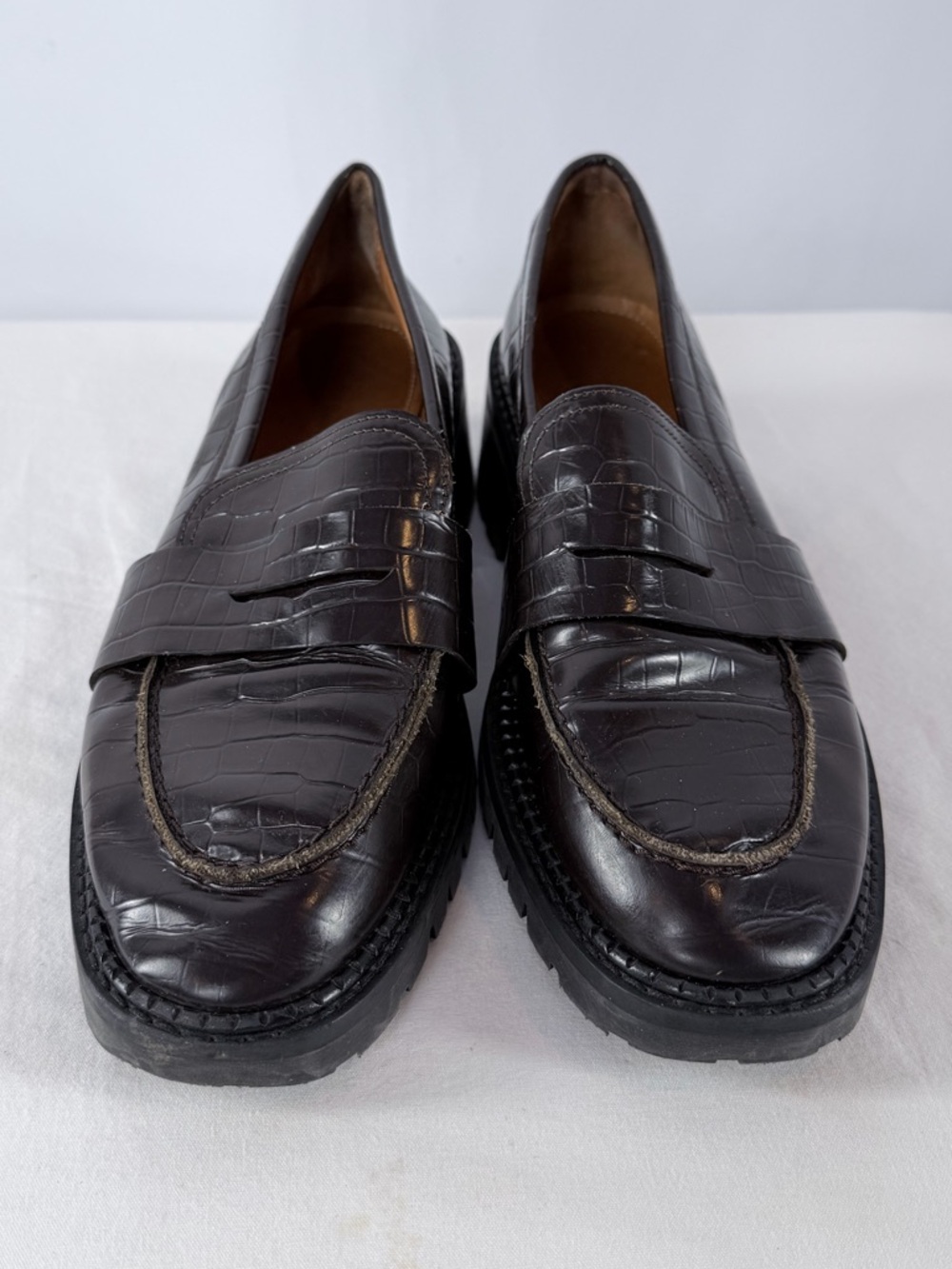 & Other Stories Croc Embossed Block Heel Loafers in Dark Brown Size 10.5 - Picture 4 of 11